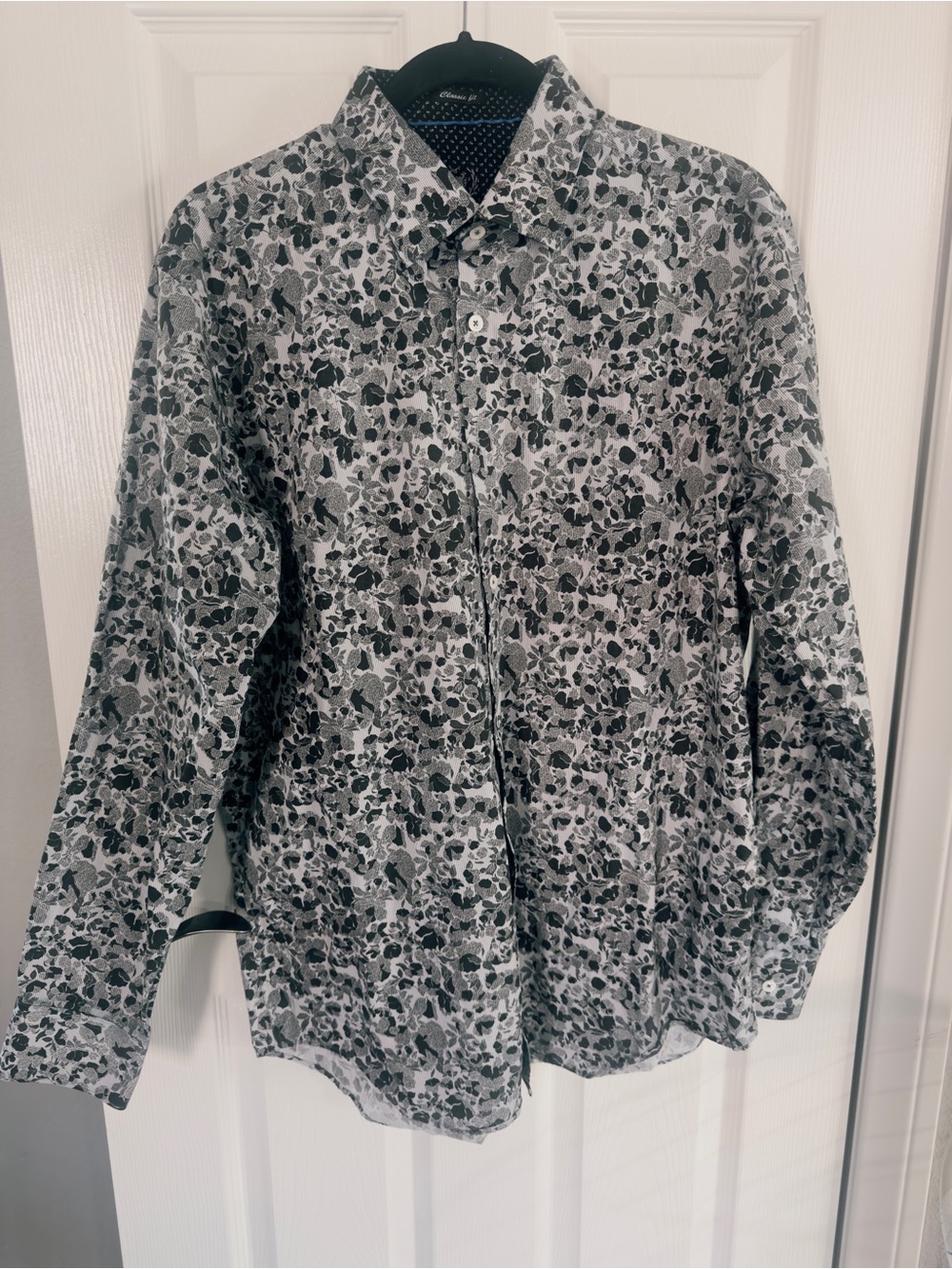 Bugatchi Uomo Floral Print Button Down Shirt Gray Black 100% Cotton